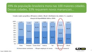 39% da população brasileira mora nas 100 maiores cidades.
Dessas cidades, 33% requerem novos mananciais...
8
Fonte: FUNDACE, 2013
 