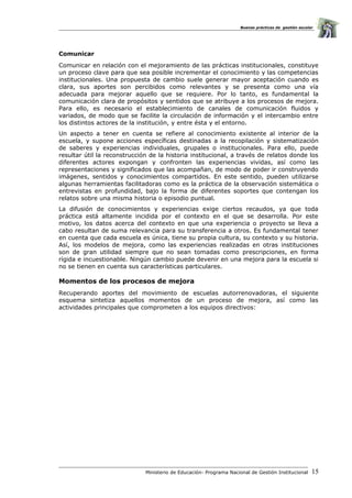 Buenas prácticas de gestión escolar
Comunicar
Comunicar en relación con el mejoramiento de las prácticas institucionales, constituye
un proceso clave para que sea posible incrementar el conocimiento y las competencias
institucionales. Una propuesta de cambio suele generar mayor aceptación cuando es
clara, sus aportes son percibidos como relevantes y se presenta como una vía
adecuada para mejorar aquello que se requiere. Por lo tanto, es fundamental la
comunicación clara de propósitos y sentidos que se atribuye a los procesos de mejora.
Para ello, es necesario el establecimiento de canales de comunicación fluidos y
variados, de modo que se facilite la circulación de información y el intercambio entre
los distintos actores de la institución, y entre ésta y el entorno.
Un aspecto a tener en cuenta se refiere al conocimiento existente al interior de la
escuela, y supone acciones específicas destinadas a la recopilación y sistematización
de saberes y experiencias individuales, grupales o institucionales. Para ello, puede
resultar útil la reconstrucción de la historia institucional, a través de relatos donde los
diferentes actores expongan y confronten las experiencias vividas, así como las
representaciones y significados que las acompañan, de modo de poder ir construyendo
imágenes, sentidos y conocimientos compartidos. En este sentido, pueden utilizarse
algunas herramientas facilitadoras como es la práctica de la observación sistemática o
entrevistas en profundidad, bajo la forma de diferentes soportes que contengan los
relatos sobre una misma historia o episodio puntual.
La difusión de conocimientos y experiencias exige ciertos recaudos, ya que toda
práctica está altamente incidida por el contexto en el que se desarrolla. Por este
motivo, los datos acerca del contexto en que una experiencia o proyecto se lleva a
cabo resultan de suma relevancia para su transferencia a otros. Es fundamental tener
en cuenta que cada escuela es única, tiene su propia cultura, su contexto y su historia.
Así, los modelos de mejora, como las experiencias realizadas en otras instituciones
son de gran utilidad siempre que no sean tomadas como prescripciones, en forma
rígida e incuestionable. Ningún cambio puede devenir en una mejora para la escuela si
no se tienen en cuenta sus características particulares.
Momentos de los procesos de mejora
Recuperando aportes del movimiento de escuelas autorrenovadoras, el siguiente
esquema sintetiza aquellos momentos de un proceso de mejora, así como las
actividades principales que comprometen a los equipos directivos:
Ministerio de Educación- Programa Nacional de Gestión Institucional 15
 