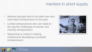 © 2016 Ewing Marion Kauffman Foundation
mentors in short supply
• Mentors typically tend to be older men who
have been entrepreneurs in the past.
• Limited entrepreneurs who can relate to
the specific challenges of women and
minority entrepreneurs.
• Mentorship is critical in helping
professional developing successful
entrepreneurs.
 