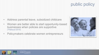 © 2016 Ewing Marion Kauffman Foundation
public policy
• Address parental leave, subsidized childcare
• Women are better able to start opportunity-based
businesses when policies are supportive
(Thébaud 2015)
• Policymakers celebrate women entrepreneurs
 