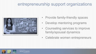 © 2016 Ewing Marion Kauffman Foundation
entrepreneurship support organizations
• Provide family-friendly spaces
• Develop mentoring programs
• Counseling services to improve
family/spousal dynamics
• Celebrate women entrepreneurs
 