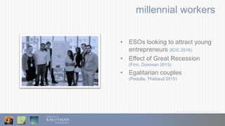 © 2016 Ewing Marion Kauffman Foundation
millennial workers
• ESOs looking to attract young
entrepreneurs (ICIC 2016)
• Effect of Great Recession
(Finn, Donovan 2013)
• Egalitarian couples
(Pedulla, Thébaud 2015)
 