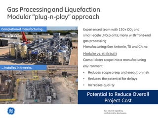 Gas Processingand Liquefaction
Modular “plug-n-play” approach
Experienced team with130+ CO2 and
small-scaleLNG plants; many withfront-end
gas processing
Manufacturing: San Antonio, TX and China
Modular vs. stick built
Consolidates scope into a manufacturing
environment:
• Reduces scope creep and execution risk
• Reduces the potential for delays
• Increases quality
See tutorial regarding
confidentiality disclosures.
Completion of manufacturing…
…installed in 4 weeks.
Potential to Reduce Overall
Project Cost
 