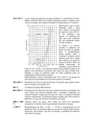 120 a 130 °C o gesso solta uma parte da sua água cristalina e se transforma em semi-
hidrato, CaSO4
.
0,5 H2O. Este material finamente moida se conhece como
"gesso de estuque" que, quando misturado com água pega em ~4 minutos.
Interessante é que o gesso
hidratado, igual a água
livre, chega a uma pressão
de vapor de 1 atm a 100 °C.
É um indicativo que
aquelas 1,5 moléculas de
água que saem realmente
não são fortemente retidos
na rede cristalina.
A reação é a reversa,
levando ao dihidrato em
forma de tufos de agulhas
finas. A interpenetração
destas agulhas causa a
resistência mecânica deste
material (que não é muito
alta: apenas 2, na escala de
dureza de Mohs). Mais um
detalhe interessante: ao
endurecer o gesso dilata em
torno de 1%. Assim, é um material perfeito para produzir negativos de
objetos com pormenores estruturais, pois entra em cada cavidade fina.
Também é usado na medicina onde um braço quebrado pode ser
imobilizado de maneira firme e seguro.
Industrialmente o gesso é produzido entre 130 e 180 °C, em panelas de
ferro (processo descontínuo) ou em fornos rotativos (contínuo).
190 a 200 °C Eliminação do resto de água da fórmula. O produto pega rápido demais
para ser usado na construção civil.
500 °C A tendência da pega rápida diminui.
800 a 900 °C Formação de um sulfato de cálcio que, moído em pó fino e misturado com
areia, forma um concreto bastante duro e resistente, comparável ao
cimento Portland. A pega dura em torno de 3 dias e o material é bastante
usado no acabamento e nivelamento de pisos (soalho, laje). Este cimento é
hidráulico, ou seja, não amolece sob influência da água.
1000 a 1200
°C
"Queima morta" do gesso. Este sulfato de cálcio tem qualidades
comparáveis à anidrita, então reage bastante lentamente com água.
> 1200 °C Desprendimento de SO3 (→ SO2 + 1/2 O2) e transformação em cal
queimada, CaO. Ao processar apenas uma parte do sulfato desta maneira,
resulta um "gesso básico" que tem, novamente, a qualidade de endurecer
sob contato com água.
 