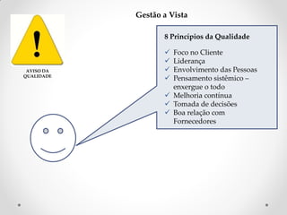Gestão a Vista
8 Princípios da Qualidade

AVISO DA
QUALIDADE






Foco no Cliente
Liderança
Envolvimento das Pessoas
Pensamento sistêmico –
enxergue o todo
 Melhoria contínua
 Tomada de decisões
 Boa relação com
Fornecedores

 