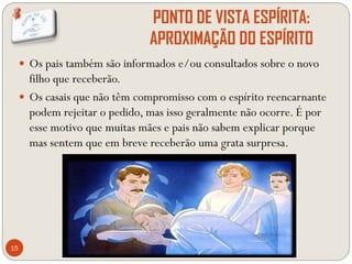PONTO DE VISTA ESPÍRITA:
APROXIMAÇÃO DO ESPÍRITO
15
 Os pais também são informados e/ou consultados sobre o novo
filho qu...