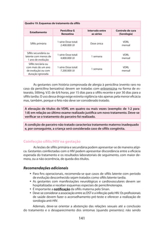 Quadro 19. Esquemas de tratamento da sífilis
Estadiamento

Penicilina G
Benzatina

Intervalo entre
as séries

Controle de cura
(Sorologia)

Sífilis primária

1 série Dose total:
2.400.000 Ul

Dose única

VDRL
mensal

Sífilis secundária ou
latente com menos de
1 ano de evolução

1 série Dose total:
4.800.000 UI

1 semana

VDRL
mensal

Sífilis terciária ou
com mais de um ano
de evolução ou com
duração ignorada

1 série Dose total:
7.200.000 UI

1 semana

VDRL
mensal

As gestantes com história comprovada de alergia à penicilina (evento raro no
caso da penicilina benzatina) devem ser tratadas com eritromicina na forma de estearato, 500mg. V.O. de 6/6 horas, por 15 dias para a sífilis recente e por 30 dias para a
sífilis tardia. O uso dessa droga exige estreita vigilância não apenas pela menor eficácia
mas, também, porque o feto não deve ser considerado tratado.
A elevação de títulos do VDRL em quatro ou mais vezes (exemplo: de 1:2 para
1:8) em relação ao último exame realizado justifica um novo tratamento. Deve-se
verificar se o tratamento do parceiro foi realizado.
A condição de parceiro não tratado caracteriza tratamento materno inadequado
e, por conseguinte, a criança será considerada caso de sífilis congênita.

Coinfecção sífilis/HIV na gestação
As lesões de sífilis primária e secundária podem apresentar-se de maneira atípica. Gestantes coinfectadas com o HIV podem apresentar discordância entre a eficácia
esperada do tratamento e os resultados laboratoriais de seguimento, com maior demora, ou a não ocorrência, de queda dos títulos.

Recomendações adicionais
•• Para fins operacionais, recomenda-se que casos de sífilis latente com período
de evolução desconhecido sejam tratados como sífilis latente tardia.
•• As gestantes com manifestações neurológicas e cardiovasculares devem ser
hospitalizadas e receber esquemas especiais de penicilinoterapia.
•• É importante a notificação da sífilis materna pelo Sinan.
•• Deve-se considerar a associação entre as DST e a infecção pelo HIV. Os profissionais
de saúde devem fazer o aconselhamento pré-teste e oferecer a realização de
sorologia anti-HIV.
Ademais, deve-se orientar a abstenção das relações sexuais até a conclusão
do tratamento e o desaparecimento dos sintomas (quando presentes); não sendo

141

 