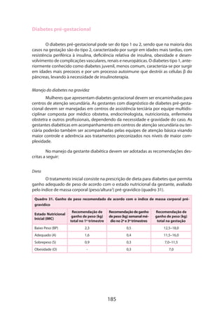 Diabetes pré-gestacional
O diabetes pré-gestacional pode ser do tipo 1 ou 2, sendo que na maioria dos
casos na gestação são do tipo 2, caracterizado por surgir em idades mais tardias, com
resistência periférica à insulina, deficiência relativa de insulina, obesidade e desenvolvimento de complicações vasculares, renais e neuropáticas. O diabetes tipo 1, anteriormente conhecido como diabetes juvenil, menos comum, caracteriza-se por surgir
em idades mais precoces e por um processo autoimune que destrói as células β do
pâncreas, levando à necessidade de insulinoterapia.
Manejo do diabetes na gravidez
Mulheres que apresentam diabetes gestacional devem ser encaminhadas para
centros de atenção secundária. As gestantes com diagnóstico de diabetes pré-gestacional devem ser manejadas em centros de assistência terciária por equipe multidisciplinar composta por médico obstetra, endocrinologista, nutricionista, enfermeira
obstetra e outros profissionais, dependendo da necessidade e gravidade do caso. As
gestantes diabéticas em acompanhamento em centros de atenção secundária ou terciária poderão também ser acompanhadas pelas equipes de atenção básica visando
maior controle e aderência aos tratamentos preconizados nos níveis de maior complexidade.
No manejo da gestante diabética devem ser adotadas as recomendações des­
critas a seguir:
Dieta

O tratamento inicial consiste na prescrição de dieta para diabetes que permita
ganho adequado de peso de acordo com o estado nutricional da gestante, avaliado
pelo índice de massa corporal (peso/altura2) pré-gravídico (quadro 31).
Quadro 31. Ganho de peso recomendado de acordo com o índice de massa corporal prégravídico
Recomendação de
ganho de peso (kg)
total no 1º trimestre

Recomendação de ganho
de peso (kg) semanal médio no 2º e 3º trimestres

Recomendação de
ganho de peso (kg)
total na gestação

Baixo Peso (BP)

2,3

0,5

12,5–18,0

Adequado (A)

1,6

0,4

11,5–16,0

Sobrepeso (S)

0,9

0,3

7,0–11,5

Obesidade (O)

-

0,3

7,0

Estado Nutricional
Inicial (IMC)

185

 