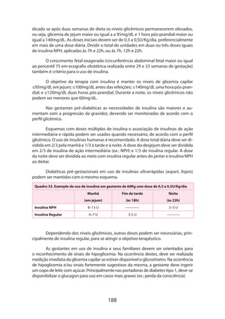 dicado se após duas semanas de dieta os níveis glicêmicos permanecerem elevados,
ou seja, glicemia de jejum maior ou igual a a 95mg/dL e 1 hora pós-prandial maior ou
igual a 140mg/dL. As doses iniciais devem ser de 0,3 a 0,5U/Kg/dia, preferencialmente
em mais de uma dose diária. Dividir o total de unidades em duas ou três doses iguais
de insulina NPH, aplicadas às 7h e 22h, ou às 7h, 12h e 22h.
O crescimento fetal exagerado (circunferência abdominal fetal maior ou igual
ao percentil 75 em ecografia obstétrica realizada entre 29 e 33 semanas de gestação)
também é critério para o uso de insulina.
O objetivo da terapia com insulina é manter os níveis de glicemia capilar
≤95mg/dL em jejum; ≤100mg/dL antes das refeições; ≤140mg/dL uma hora pós-prandial; e ≤120mg/dL duas horas pós-prandial. Durante a noite, os níveis glicêmicos não
podem ser menores que 60mg/dL.
Nas gestantes pré-diabéticas as necessidades de insulina são maiores e aumentam com a progressão da gravidez, devendo ser monitoradas de acordo com o
perfil glicêmico.
Esquemas com doses múltiplas de insulina e associação de insulinas de ação
intermediária e rápida podem ser usados quando necessário, de acordo com o perfil
glicêmico. O uso de insulinas humanas é recomendado. A dose total diária deve ser dividida em 2/3 pela manhã e 1/3 à tarde e à noite. A dose do desjejum deve ser dividida
em 2/3 de insulina de ação intermediária (ex.: NPH) e 1/3 de insulina regular. A dose
da noite deve ser dividida ao meio com insulina regular antes do jantar e insulina NPH
ao deitar.
Diabéticas pré-gestacionais em uso de insulinas ultrarrápidas (aspart, lispro)
podem ser mantidas com o mesmo esquema.
Quadro 33. Exemplo de uso de insulina em gestante de 60Kg com dose de 0,3 a 0,5U/Kg/dia
Manhã

Fim de tarde

Noite

(em jejum)

(às 18h)

(às 22h)

Insulina NPH

8–13 U

------------

3–5 U

Insulina Regular

4–7 U

3-5 U

-----------

Dependendo dos níveis glicêmicos, outras doses podem ser necessárias, principalmente de insulina regular, para se atingir o objetivo terapêutico.
As gestantes em uso de insulina e seus familiares devem ser orientados para
o reconhecimento de sinais de hipoglicemia. Na ocorrência destes, deve ser realizada
medição imediata da glicemia capilar se estiver disponível o glicosímetro. Na ocorrência
de hipoglicemia e/ou sinais fortemente sugestivos da mesma, a gestante deve ingerir
um copo de leite com açúcar. Principalmente nas portadoras de diabetes tipo 1, deve-se
disponibilizar o glucagon para uso em casos mais graves (ex.: perda da cons­ iência).
c

188

 