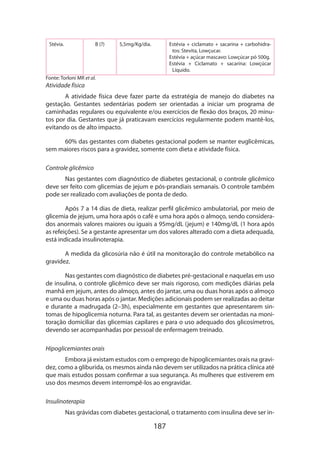187
Stévia. B (?) 5,5mg/Kg/dia. Estévia + ciclamato + sacarina + carbohidra-
tos: Stevita, Lowçucar.
Estévia + açúcar mascavo: Lowçúcar pó 500g.
Estévia + Ciclamato + sacarina: Lowçúcar
Líquido.
Fonte: Torloni MR et al.
Atividade física
A atividade física deve fazer parte da estratégia de manejo do diabetes na
gestação. Gestantes sedentárias podem ser orientadas a iniciar um programa de
caminha­das regulares ou equivalente e/ou exercícios de flexão dos braços, 20 minu-
tos por dia. Gestantes que já praticavam exercícios regularmente podem mantê-los,
evitando os de alto impacto.
60% das gestantes com diabetes gestacional podem se manter euglicêmicas,
sem maiores riscos para a gravidez, somente com dieta e atividade física.
Controle glicêmico
Nas gestantes com diagnóstico de diabetes gestacional, o controle glicêmico
deve ser feito com glicemias de jejum e pós-prandiais semanais. O controle também
pode ser realizado com avaliações de ponta de dedo.
Após 7 a 14 dias de dieta, realizar perfil glicêmico ambulatorial, por meio de
glicemia de jejum, uma hora após o café e uma hora após o almoço, sendo considera-
dos anormais valores maiores ou iguais a 95mg/dL (jejum) e 140mg/dL (1 hora após
as refeições). Se a gestante apresentar um dos valores alterado com a dieta adequada,
está indicada insulinoterapia.
A medida da glicosúria não é útil na monitoração do controle metabólico na
gravidez.
Nas gestantes com diagnóstico de diabetes pré-gestacional e naquelas em uso
de insulina, o controle glicêmico deve ser mais rigoroso, com medições diárias pela
manhã em jejum, antes do almoço, antes do jantar, uma ou duas horas após o almoço
e uma ou duas horas após o jantar. Medições adicionais podem ser realizadas ao deitar
e durante a madrugada (2–3h), especialmente em gestantes que apresentarem sin-
tomas de hipoglicemia noturna. Para tal, as gestantes devem ser orientadas na moni-
toração domiciliar das glicemias capilares e para o uso adequado dos glicosímetros,
devendo ser acompanhadas por pessoal de enfermagem treinado.
Hipoglicemiantes orais
Embora já existam estudos com o emprego de hipoglicemiantes orais na gravi-
dez, como a gliburida, os mesmos ainda não devem ser utilizados na prática clínica até
que mais estudos possam confirmar a sua segurança. As mulheres que estiverem em
uso dos mesmos devem interrompê-los ao engravidar.
Insulinoterapia
Nas grávidas com diabetes gestacional, o tratamento com insulina deve ser in-
 