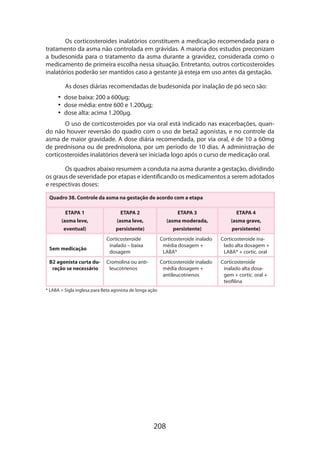 208
Os corticosteroides inalatórios constituem a medicação recomendada para o
tratamento da asma não controlada em grávidas. A maioria dos estudos preconizam
a budesonida para o tratamento da asma durante a gravidez, considerada como o
medicamento de primeira escolha nessa situação. Entretanto, outros corticosteroides
inalatórios poderão ser mantidos caso a gestante já esteja em uso antes da gestação.
As doses diárias recomendadas de budesonida por inalação de pó seco são:
•• dose baixa: 200 a 600µg;
•• dose média: entre 600 e 1.200µg;
•• dose alta: acima 1.200µg.
O uso de corticosteroides por via oral está indicado nas exacerbações, quan-
do não houver reversão do quadro com o uso de beta2 agonistas, e no controle da
asma de maior gravidade. A dose diária recomendada, por via oral, é de 10 a 60mg
de prednisona ou de prednisolona, por um período de 10 dias. A administração de
corticosteroi­des inalatórios deverá ser iniciada logo após o curso de medicação oral.
Os quadros abaixo resumem a conduta na asma durante a gestação, dividindo
os graus de severidade por etapas e identificando os medicamentos a serem adotados
e respectivas doses:
Quadro 38. Controle da asma na gestação de acordo com a etapa
ETAPA 1
(asma leve,
eventual)
ETAPA 2
(asma leve,
persistente)
ETAPA 3
(asma moderada,
persistente)
ETAPA 4
(asma grave,
persistente)
Sem medicação
Corticosteroide
ina­lado – baixa
dosagem
Corticosteroide inalado
média dosagem +
LABA*
Corticosteroide ina­
lado alta dosagem +
LABA* + cortic. oral
B2 agonista curta du-
ração se necessário
Cromolina ou anti-
leucotrienos
Corticosteroide inalado
média dosagem +
antileucotrienos
Corticosteroide
inalado alta dosa­
gem + cortic. oral +
teofilina
* LABA = Sigla inglesa para Beta agonista de longa ação
 
