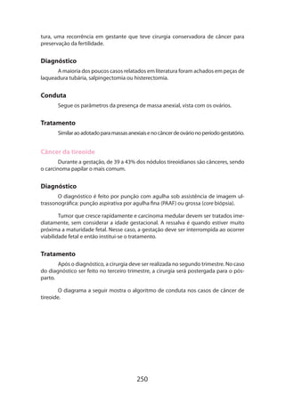 250
tura, uma recorrência em gestante que teve cirurgia conservadora de câncer para
preservação da fertilidade.
Diagnóstico
A maioria dos poucos casos relatados em literatura foram achados em peças de
laqueadura tubária, salpingectomia ou histerectomia.
Conduta
Segue os parâmetros da presença de massa anexial, vista com os ovários.
Tratamento
Similaraoadotadoparamassasanexiaisenocâncerdeovárionoperíodogestatório.
Câncer da tireoide
Durante a gestação, de 39 a 43% dos nódulos tireoidianos são cânceres, sendo
o carcinoma papilar o mais comum.
Diagnóstico
O diagnóstico é feito por punção com agulha sob assistência de imagem ul-
trassonográfica: punção aspirativa por agulha fina (PAAF) ou grossa (core biópsia).
Tumor que cresce rapidamente e carcinoma medular devem ser tratados ime­
diatamente, sem considerar a idade gestacional. A ressalva é quando estiver muito
próxima a maturidade fetal. Nesse caso, a gestação deve ser interrompida ao ocorrer
viabilidade fetal e então institui-se o tratamento.
Tratamento
Após o diagnóstico, a cirurgia deve ser realizada no segundo trimestre. No caso
do diagnóstico ser feito no terceiro trimestre, a cirurgia será postergada para o pós-
parto.
O diagrama a seguir mostra o algoritmo de conduta nos casos de câncer de
tireoide.
 
