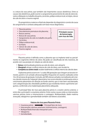 53
e a rotura da vasa prévia, que também são importantes causas obstétricas. Entre as
causas não obstétricas, pode ocorrer o sangramento proveniente do colo do útero du-
rante a dilatação no trabalho de parto, cervicites, pólipo endocervical, ectrópio, câncer
de colo de útero e trauma vaginal.
Os prognósticos materno e fetal vão depender do diagnóstico correto da causa
do sangramento e conduta adequada com base nesse diagnóstico.
•• Placenta prévia;
•• Descolamento prematuro de placenta;
•• Rotura uterina;
•• Rotura de vasa prévia;
•• Sangramento do colo no trabalho de parto;
•• Cervicites;
•• Pólipo endocervical;
•• Ectrópio;
•• Câncer de colo de útero;
•• Trauma vaginal.
Placenta prévia
Placenta prévia é definida como a placenta que se implanta total ou parcial-
mente no segmento inferior do útero. Ela pode ser classificada de três maneiras, de
acordo com sua posição em relação ao colo do útero:
•• Baixa: está localizada próxima ao colo do útero, sem atingi-lo
•• Marginal: atinge o orifício interno do colo do útero, sem recobri-lo
•• Completa ou centro-total: recobre totalmente o orifício interno do colo do útero
A placenta prévia ocorre em 1 a cada 200 gestações que chegam ao terceiro tri-
mestre, porém é um achado ultrassonográfico frequente em exames realizados entre
16 e 20 semanas de gestação. Contudo, até 90% desses achados normalizarão até o ter-
mo, devido à teoria da“migração”placentária. Isso ocorre devido à combinação entre o
crescimento placentário em direção ao fundo uterino, que é mais bem vascularizado,
com a degeneração das vilosidades periféricas que receberão menor suprimento san-
guíneo, conferindo uma implantação placentária adequada.
O principal fator de risco para placenta prévia é a cicatriz uterina anterior, e
entre elas a principal é a cesariana anterior. Entre outras causas estão as intervenções
uterinas prévias como a miomectomia e curetagem. Multiparidade, idade materna
avançada, tabagismo e gemelaridade também são fatores associados.
Fatores de risco para Placenta Prévia
•• Cesariana prévia 		 Principal fator de risco;
•• Intervenções uterinas anteriores (miomectomia, curetagem);
•• Multiparidade/Intervalo interpartal curto;
•• Tabagismo;
•• Gemelaridade.
Principais causas
de hemorragia,
com risco de vida.
 