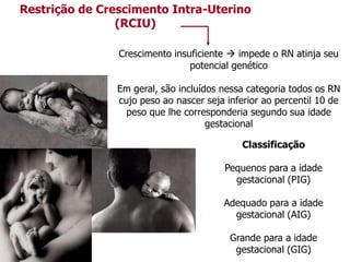Crescimento insuficiente  impede o RN atinja seu
potencial genético
Em geral, são incluídos nessa categoria todos os RN
cujo peso ao nascer seja inferior ao percentil 10 de
peso que lhe corresponderia segundo sua idade
gestacional
Restrição de Crescimento Intra-Uterino
(RCIU)
Classificação
Pequenos para a idade
gestacional (PIG)
Adequado para a idade
gestacional (AIG)
Grande para a idade
gestacional (GIG)
 