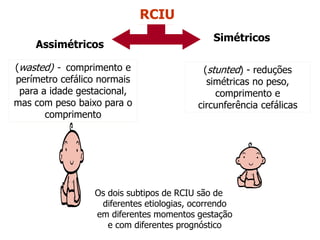 (wasted) - comprimento e
perímetro cefálico normais
para a idade gestacional,
mas com peso baixo para o
comprimento
(stunted) - reduções
simétricas no peso,
comprimento e
circunferência cefálicas
Simétricos
Assimétricos
RCIU
Os dois subtipos de RCIU são de
diferentes etiologias, ocorrendo
em diferentes momentos gestação
e com diferentes prognóstico
 