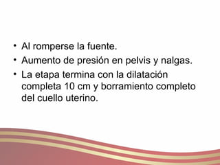 Al romperse la fuente. Aumento de presión en pelvis y nalgas. La etapa termina con la dilatación completa 10 cm y borramiento completo del cuello uterino. 