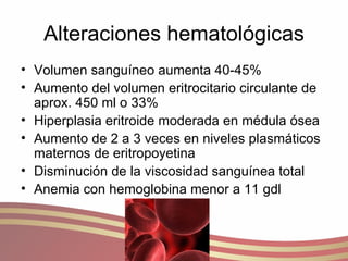 Alteraciones hematológicas Volumen sanguíneo aumenta 40-45% Aumento del volumen eritrocitario circulante de aprox. 450 ml o 33% Hiperplasia eritroide moderada en médula ósea Aumento de 2 a 3 veces en niveles plasmáticos maternos de eritropoyetina Disminución de la viscosidad sanguínea total Anemia con hemoglobina menor a 11 gdl 