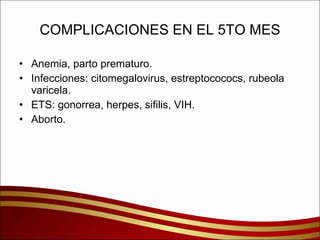 COMPLICACIONES EN EL 5TO MES Anemia, parto prematuro. Infecciones: citomegalovirus, estreptocococs, rubeola varicela. ETS: gonorrea, herpes, sifilis, VIH. Aborto. 