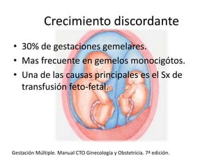 Sx de transfusión feto-fetal
• Gemelos monocoriales.
• Anastomosis arterio-venosas entre ambos
fetos.
• El feto receptor p...