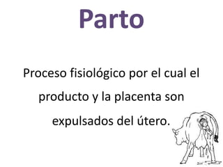 Parto
Proceso fisiológico por el cual el
producto y la placenta son
expulsados del útero.
 