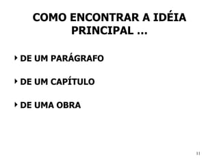 COMO ENCONTRAR A IDÉIA PRINCIPAL … DE UM PARÁGRAFO DE UM CAPÍTULO DE UMA OBRA 