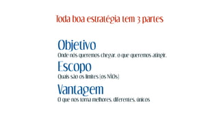 Toda boa estratégia tem 3 partes
Objetivo
Onde nós queremos chegar, o que queremos atingir.
Escopo
Quais são os limites (os NÃOs)
Vantagem
O que nos torna melhores, diferentes, únicos
 