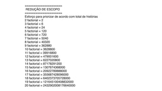 =====================
REDUÇÃO DE ESCOPO
=====================
Esforço para priorizar de acordo com total de histórias
2 factorial = 2
3 factorial = 6
4 factorial = 24
5 factorial = 120
6 factorial = 720
7 factorial = 5040
8 factorial = 40320
9 factorial = 362880
10 factorial = 3628800
11 factorial = 39916800
12 factorial = 479001600
13 factorial = 6227020800
14 factorial = 87178291200
15 factorial = 1307674368000
16 factorial = 20922789888000
17 factorial = 355687428096000
18 factorial = 6402373705728000
19 factorial = 121645100408832000
20 factorial = 2432902008176640000
 