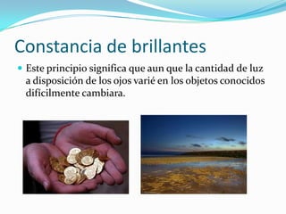 Constancia de brillantes
 Este principio significa que aun que la cantidad de luz
 a disposición de los ojos varié en los objetos conocidos
 difícilmente cambiara.
 