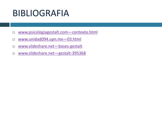 BIBLIOGRAFIA
   www.psicologiagestalt.com—contexto.html
   www.unidad094.upn.mx—03.html
   www.slideshare.net—bases-gestalt
   www.slideshare.net—gestalt-395368
 