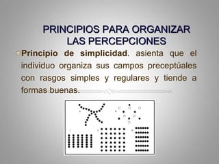 PRINCIPIOS PARA ORGANIZAR LAS PERCEPCIONESPrincipio de simplicidad. asientaque el individuoorganizasuscampospreceptúales con rasgos simples y regulares y tiende a formasbuenas.