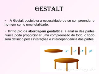 •  A Gestalt postulava a necessidade de se compreender o  homem  como uma totalidade. •  Princípio da abordagem gestáltica:  a análise das partes nunca pode proporcionar uma compreensão do todo, o  todo  será definido pelas interações e interdependência das partes. Gestalt 