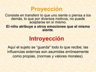 Proyección
Consiste en transferir lo que uno siente o piensa a los
   demás, lo que por diversos motivos, no puede
               aceptarse en sí mismo.
El niño atribuye a otros emociones que el mismo
                         siente.

               Introyección
  Aquí el sujeto se “guarda" todo lo que recibe; las
 influencias externas son asumidas erróneamente
     como propias, (normas y valores morales).
 