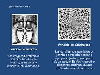 LEYES PARTICULARES




                                Principio de Continuidad
 Principio de Simetría
                              Los detalles que mantienen un
Las imágenes simétricas        patrón o dirección tienden a
   son percibidas como        agruparse juntos, como parte
  iguales, como un solo      de un modelo. Es decir, percibir
elemento, en la distancia.     elementos continuos aunque
                              estén interrumpidos entre sí.
 