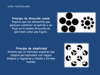 LEYES PARTICULARES




    Principio de dirección común
   Implica que los elementos que
  parecen construir un patrón o un
   flujo en la misma dirección se
      perciben como una figura.




       Principio de simplicidad
Asienta que el individuo organiza sus
   campos perceptuales con rasgos
simples y regulares y tiende a formas
                buenas
 