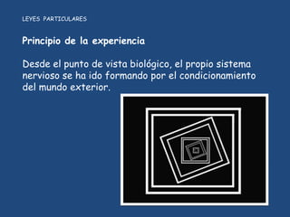 LEYES PARTICULARES



Principio de la experiencia

Desde el punto de vista biológico, el propio sistema
nervioso se ha ido formando por el condicionamiento
del mundo exterior.
 