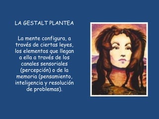 LA GESTALT PLANTEA

  La mente configura, a
través de ciertas leyes,
los elementos que llegan
  a ella a través de los
   canales sensoriales
   (percepción) o de la
 memoria (pensamiento,
inteligencia y resolución
     de problemas).
 