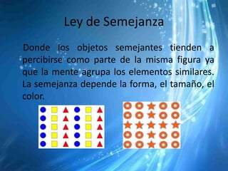 Ley de Semejanza
Donde los objetos semejantes tienden a
percibirse como parte de la misma figura ya
que la mente agrupa los elementos similares.
La semejanza depende la forma, el tamaño, el
color.
 