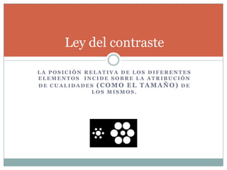 Ley del contraste

LA POSICIÓN RELATIVA DE LOS DIFERENTES
ELEMENTOS INCIDE SOBRE LA ATRIBUCIÓN
DE CUALIDADES (COMO EL TAMAÑO) DE
              LOS MISMOS.
 
