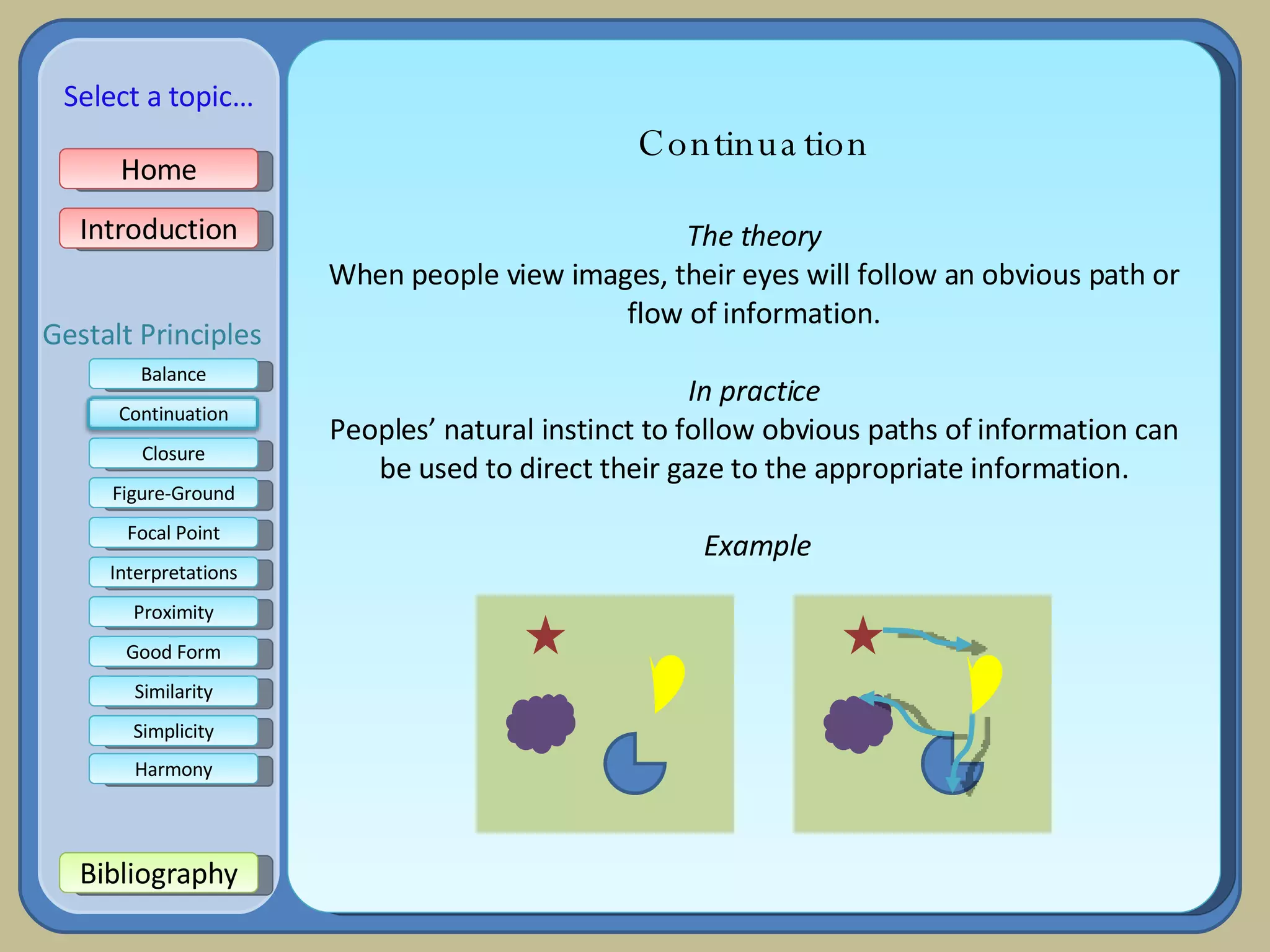Continuation The theory When people view images, their eyes will follow an obvious path or flow of information. In practice Peoples’ natural instinct to follow obvious paths of information can be used to direct their gaze to the appropriate information. Example Home Introduction Bibliography Balance Closure Figure-Ground Focal Point Interpretations Good Form Proximity Select a topic… Similarity Simplicity Harmony Gestalt Principles Continuation 