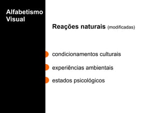 Reações naturais (modificadas)
condicionamentos culturais
experiências ambientais
estados psicológicos
Alfabetismo
Visual
 