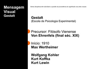 Mensagem
Visual
Gestalt
Gestalt
(Escola de Psicologia Experimental)
Precursor: Filósofo Vienense
Von Ehrenfels (final séc. XIX)
Início: 1910
Max Wertheimer
Wolfgang Kohler
Kurt Koffka
Kurt Lewin
Várias disciplinas têm abordado a questão da procedência do significado nas artes visuais:
 