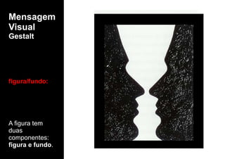 Mensagem
Visual
Gestalt
A figura tem
duas
componentes:
figura e fundo.
figura/fundo:
 
