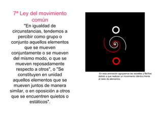 7ª Ley del movimiento
común
"En igualdad de
circunstancias, tendemos a
percibir como grupo o
conjunto aquellos elementos
que se mueven
conjuntamente o se mueven
del mismo modo, o que se
mueven reposadamente
respecto a otros", o "Se
constituyen en unidad
aquellos elementos que se
mueven juntos de manera
similar, o en oposición a otros
que se encuentren quietos o
estáticos".
En esta animación agrupamos las estrellas y flechas
debido a que realizan un movimiento idéntico frente
al resto de elementos.
 