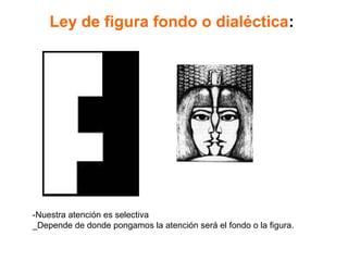 Ley de figura fondo o dialéctica:
-Nuestra atención es selectiva
_Depende de donde pongamos la atención será el fondo o la figura.
 