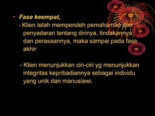• Fase keempat,
- Klien telah memperoleh pemahaman dan
penyadaran tentang dirinya, tindakannya,
dan perasaannya, maka sampai pada fase
akhir
- Klien menunjukkan ciri-ciri yg menunjukkan
integritas kepribadiannya sebagai individu
yang unik dan manusiawi.
 