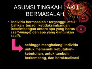 ASUMSI TINGKAH LAKU
BERMASALAH
• Individu bermasalah : terganggu atau
bahkan terjadi ketidaksimbangan
keseimbangan antara apa yang harus
(self-image) dan apa yang diinginkan
(self),
sehingga menghalangi individu
untuk memenuhi kebutuhan-
kebutuhan, untuk tumbuh,
berkembang, dan beraktualisasi
 