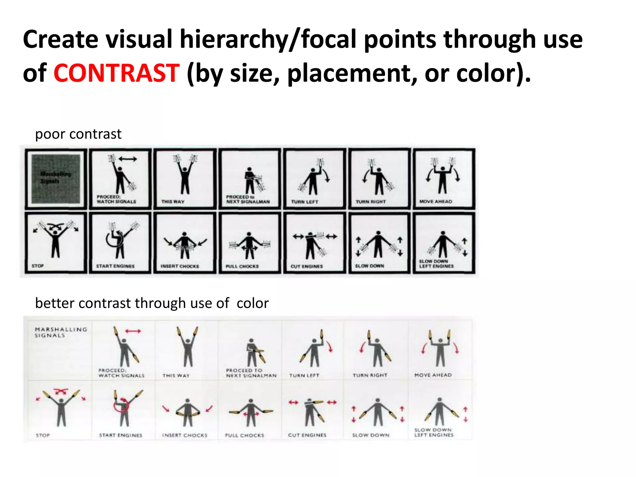 Create visual hierarchy/focal points through use
of CONTRAST (by size, placement, or color).
poor contrast
better contrast through use of color