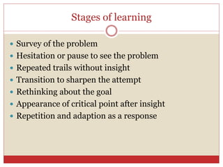 Stages of learning
 Survey of the problem
 Hesitation or pause to see the problem
 Repeated trails without insight
 Transition to sharpen the attempt
 Rethinking about the goal
 Appearance of critical point after insight
 Repetition and adaption as a response
 