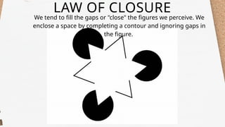 LAW OF CLOSURE
We tend to fill the gaps or "close" the figures we perceive. We
enclose a space by completing a contour and ignoring gaps in
the figure.
 