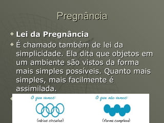 Pregnância Lei da Pregnância É chamado também de lei da simplicidade. Ela dita que objetos em um ambiente são vistos da forma mais simples possíveis. Quanto mais simples, mais facilmente é assimilada. 